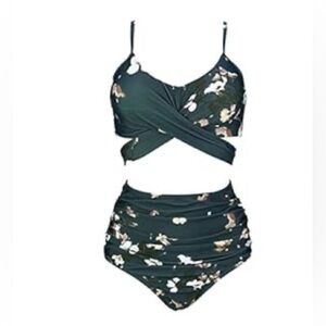 Women's Ruching High Waist Bikini Set‎ Cross Wrap Top Tie Back Bathing Swimsuit